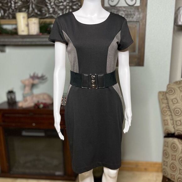 Roulette Black Gray Colorblock Side Panels Short Cap Sleeves Belted Dress Size 4 - Picture 3 of 15